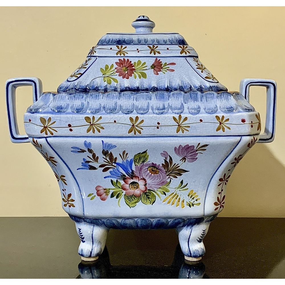 Octagonal Footed Floral 13" Very Large Light Blue Tureen with Lid ~ Video